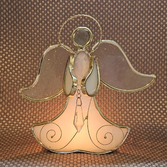 Vintage Other - Stained Glass Angle Tealight Holder Large Irrodecent Gold Frame Crystal - Flawed